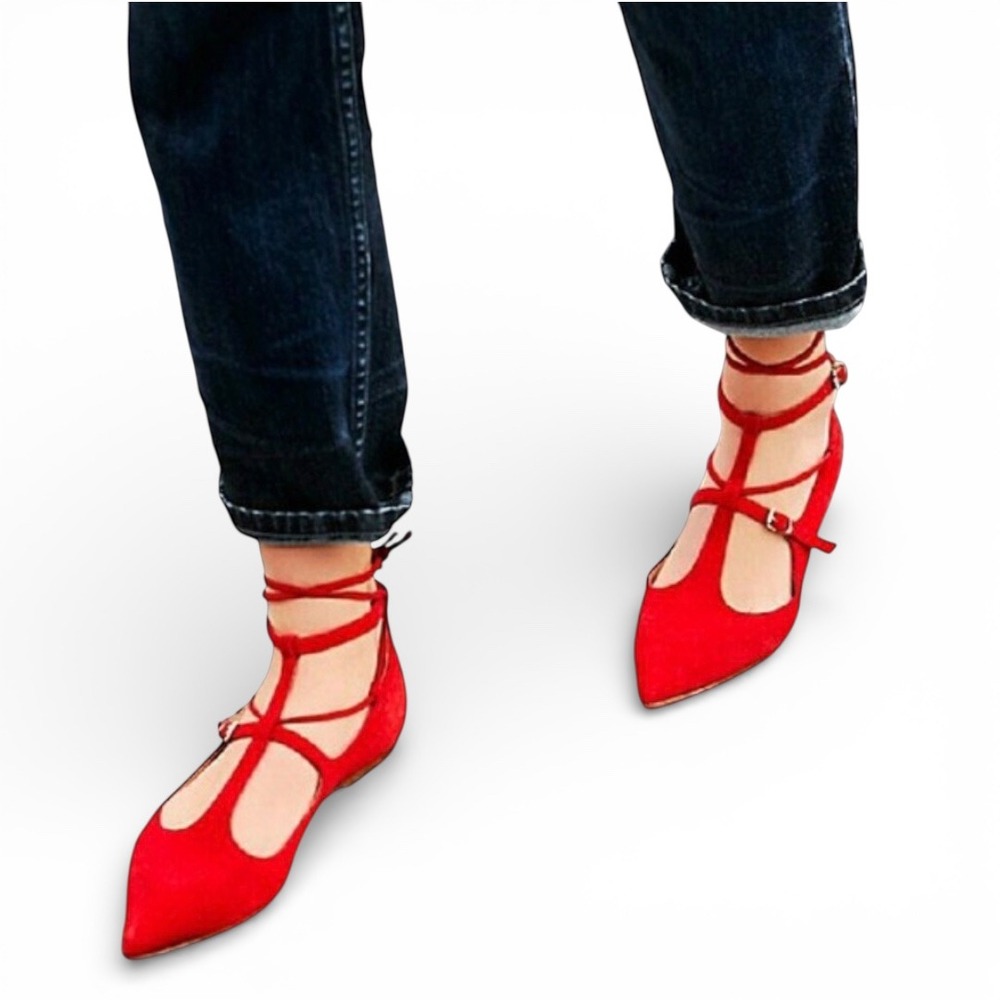 Free People Isabelle Red Suede Lace Up Pointed Toe Strappy Ballet Flats‎ US 8.5